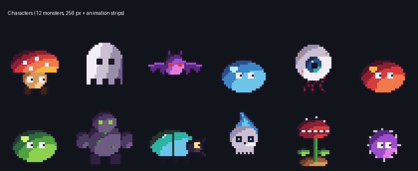 12 monsters, one per file, plus animation strips