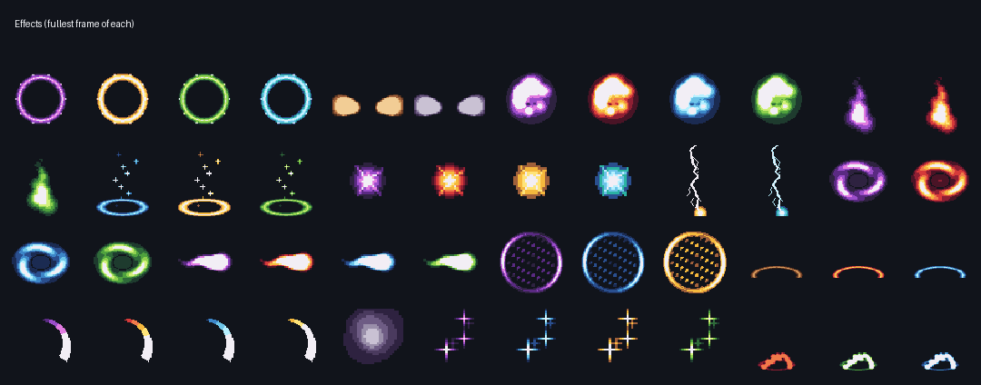 48 effects: explosions, portals, heals, sparks